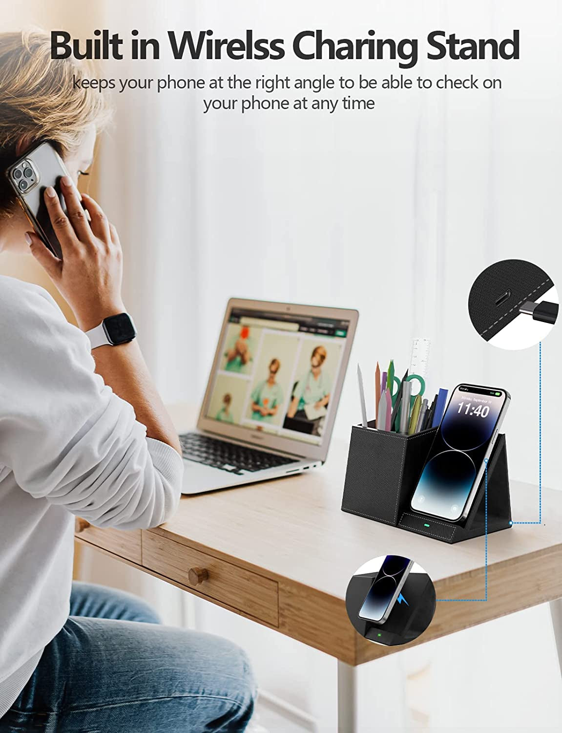 Wireless Charging Stand with Pen Holder, Compatible with Iphone 14/14 Pro Max/14 Pro/14 plus and Iphone 13/12/11 Series, Nightstand Desktop Organizer for Home Office Black