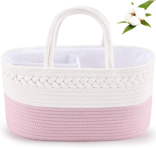 Baby Diaper Caddy, Nursery Storage Bin and Car Organizer for Diapers and Baby Wipes, Cotton Rope Diaper Basket Caddy, Changing Table Diaper Storage Caddy Baby Gift Baskets -Pink