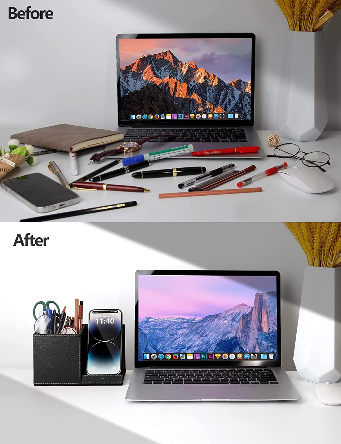 Wireless Charging Stand with Pen Holder, Compatible with Iphone 14/14 Pro Max/14 Pro/14 plus and Iphone 13/12/11 Series, Nightstand Desktop Organizer for Home Office Black