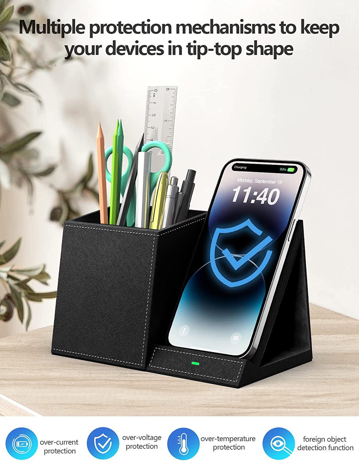 Wireless Charging Stand with Pen Holder, Compatible with Iphone 14/14 Pro Max/14 Pro/14 plus and Iphone 13/12/11 Series, Nightstand Desktop Organizer for Home Office Black